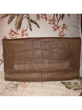 Halogen Tan Leather Croc Print Envelope Clutch